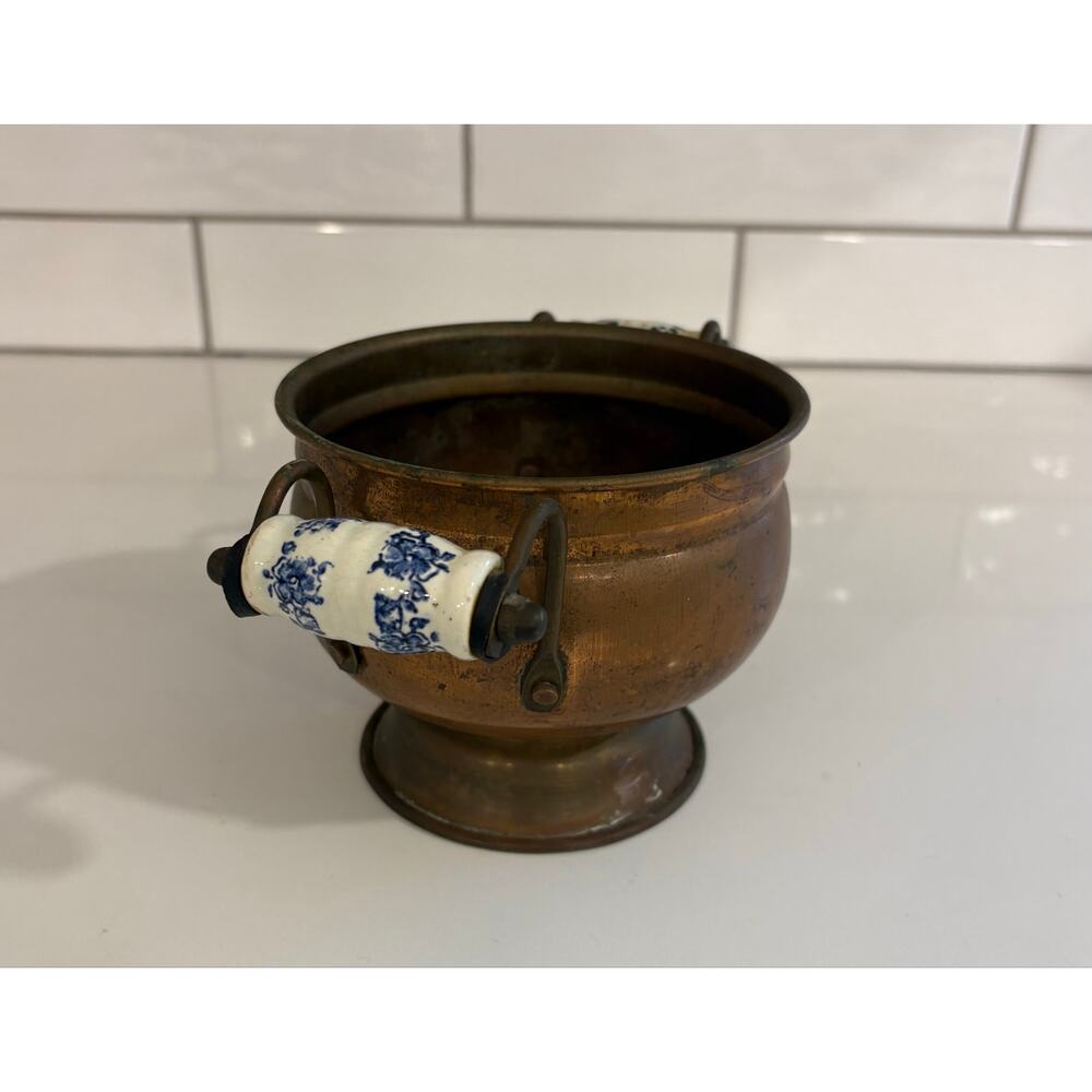 Vintage Metal Delft Floral Porcelain Double Handle Flower Planter Pot Bowl